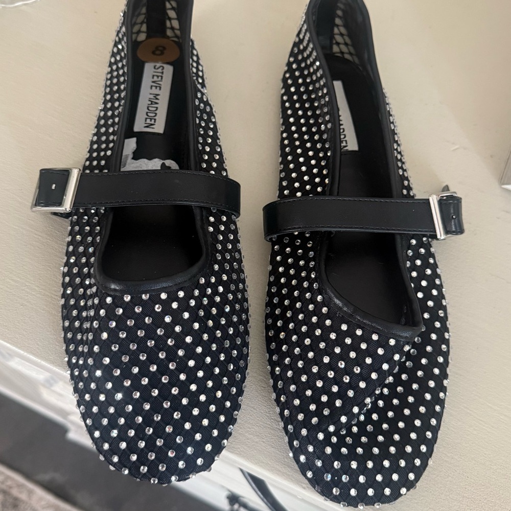 Black Mesh Mary Jane Flats with rhinestone embellishments